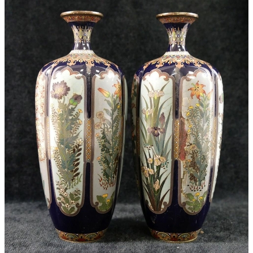 367 - A pair of small Japanese Meiji period cloisonne vases, decorated with panels of flowers, unmarked, 1... 