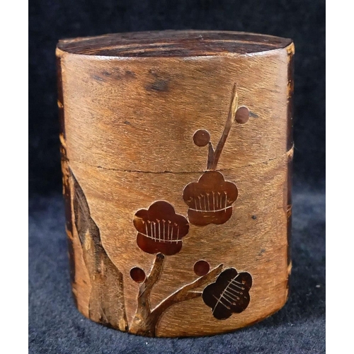 368 - A Japanese Kabazaiku cherry bark decorated cylindrical tea caddy/canister, 8.3cm high x 7.2cm diamet... 