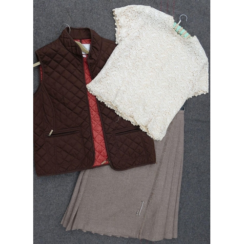 385 - A Dermore of Mayfair blouse, a vintage woollen pleated shirt and a Van Heusen brown ladies quilted b... 