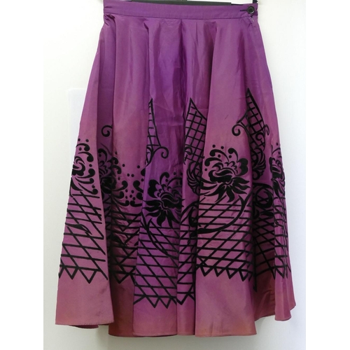 399 - A Sportaville vintage purple satin skirt with black flocked design, a full length silk dress the fab... 