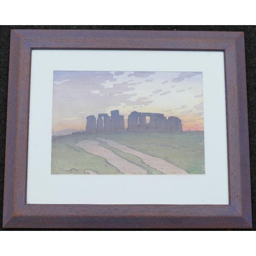 63 - Allen William Seaby (1867 - 1953 British), Stonehenge, coloured woodcut print, signed in pencil to t... 