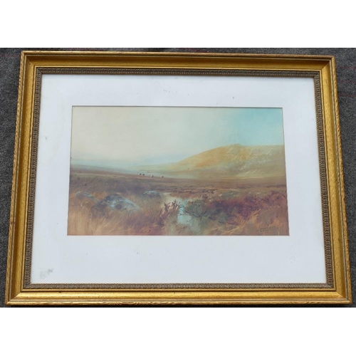 69A - John Shapland (1865-1929), moorland with cattle grazing in the distance, watercolour, signed lower r... 