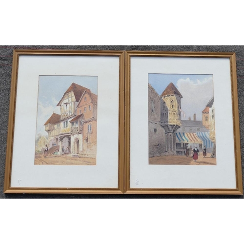 72A - A pair of watercolours depicting 19th century European street scenes with figures and medieval build... 