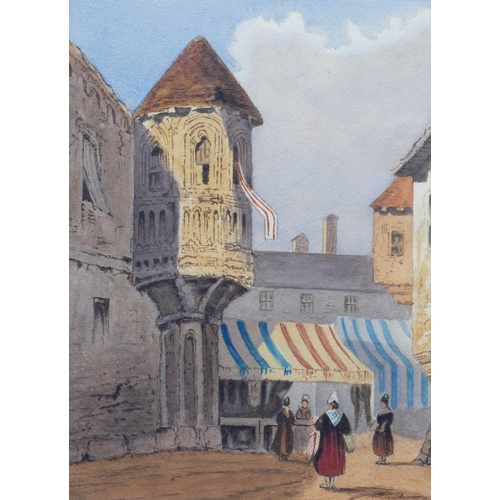 72A - A pair of watercolours depicting 19th century European street scenes with figures and medieval build... 