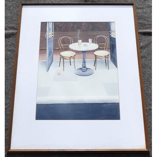 75A - Michael W Potter (b. 1955), table and chairs outside a cafe, watercolour, signed lower right, 51cm x... 