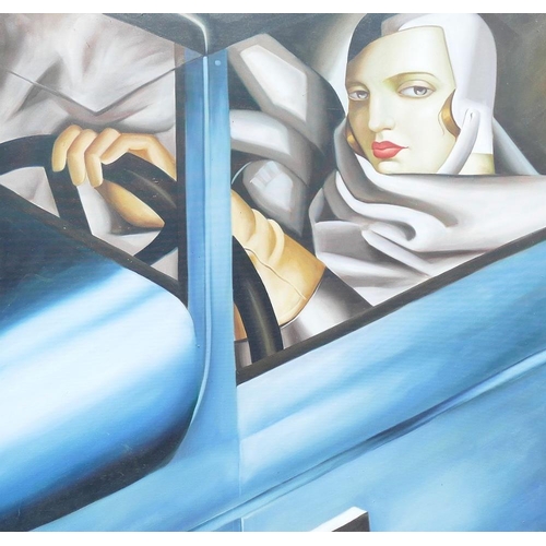 82A - (20th/21st century), Art Deco style woman driving a car, oil on canvas, signed 'Pulkiv' lower right,... 