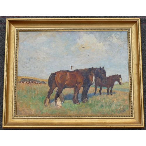 90 - Early 20th century British, Cart horses with cattle in the distance, oil on canvas, unsigned, 40cm x... 