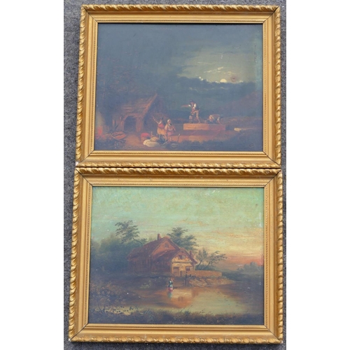 93 - A pair of 19th century oil on boards of rural scenes with figures, unsigned, 29.5cm x 24.5cm, housed... 