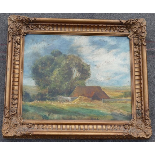 94 - Late 19th/early 20th century British, Thatched barn, oil on board, unsigned, 36cm x 45cm, with galle... 