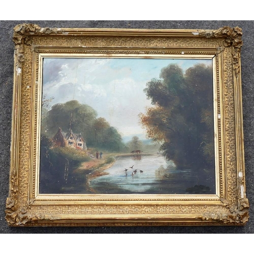 95A - 19th century British, cottage by a river, oil on board, unsigned, 28cm x 35cm, housed in ornate gilt... 