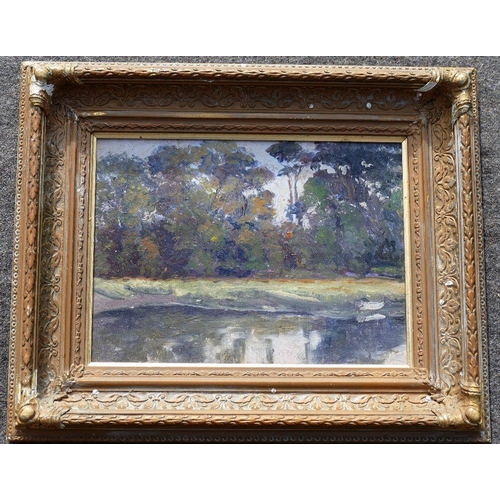 96 - 20th Century British, river scene with boat, oil on board, unsigned, 22cm x 29.5cm, housed in ornate... 