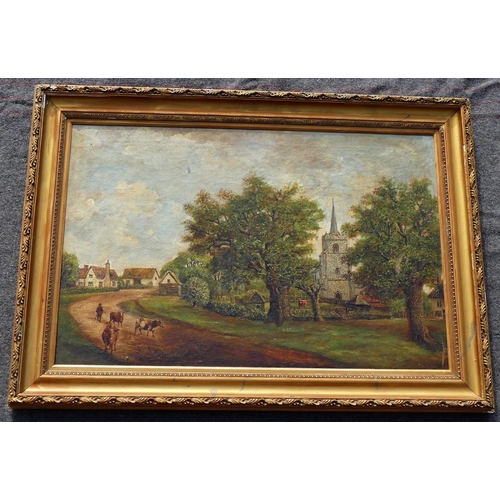 96A - George Fiske (1846-1932), village scene with church, oil on canvas, signed lower right, 47.5cm x 73c... 