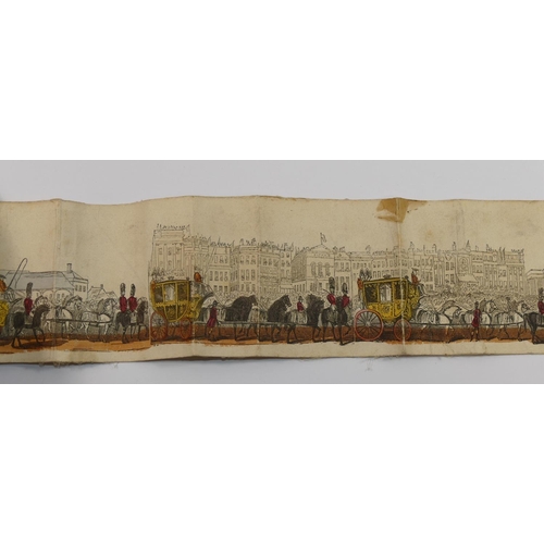 101 - A Victorian printed and hand coloured linen backed paper scroll depicting the coronation on 28th Jun... 