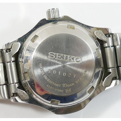 144 - A ladies Seiko 5 Sports 4207-00A0 Automatic 100m wrist watch, the blue dial with baton numerals and ... 