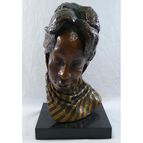 360 - A head study of an African lady wearing a scarf, bronze with gilt detail, on rectangular plinth, ini... 