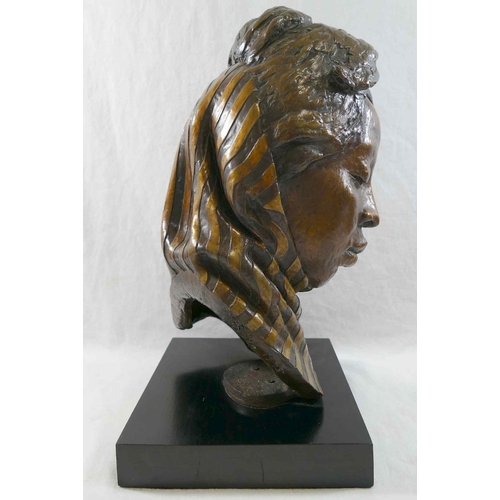 360 - A head study of an African lady wearing a scarf, bronze with gilt detail, on rectangular plinth, ini... 