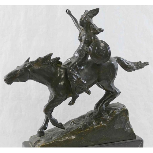 366 - A Valkyrie on horseback, bronze, signed Schmidt-Felling, on raised rectangular stepped plinth, 28.5c... 