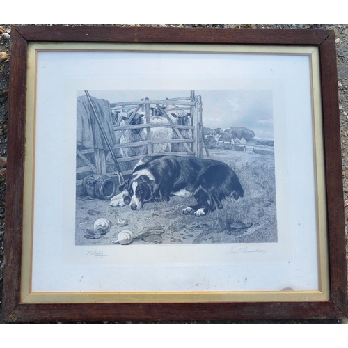 39 - After John Sargent Noble (1848-1896), Sheep dog with sheep behind hurdle, monochrome print, signed i... 