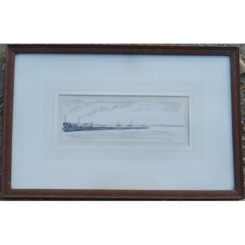 69 - Sir David Muirhead Bone (1876-1953), estuary scene with boats, monochrome watercolour, signed lower ... 