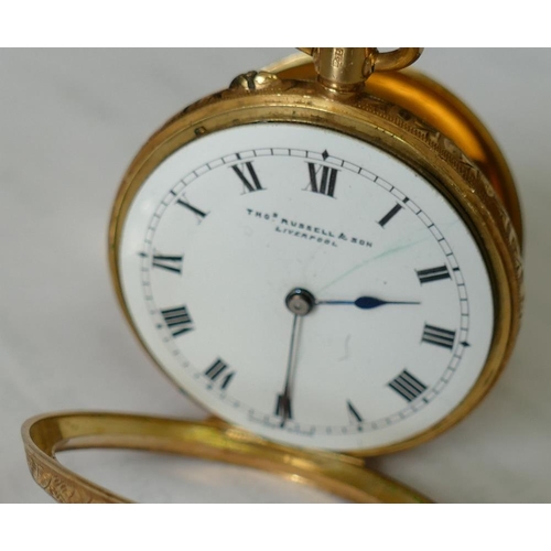 146 - A ladies 18 carat gold cased Swiss keyless pocket watch, with white enamel dial, retailed by Thomas ... 