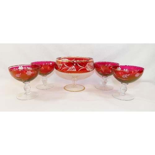 127 - Six cut glass ruby flashed wine glasses, a part suite of ruby flashed drinking glasses and other rub... 