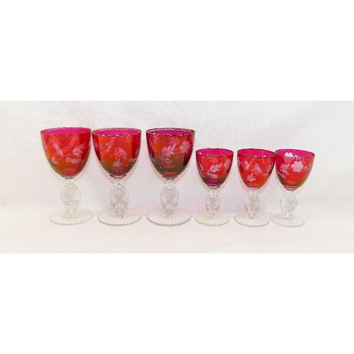 127 - Six cut glass ruby flashed wine glasses, a part suite of ruby flashed drinking glasses and other rub... 