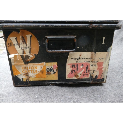 159 - Two large black painted tin trunks, one by Gieves, 37cm x 15.5cm x 107cm, the other 48cm x 31cm x 90... 