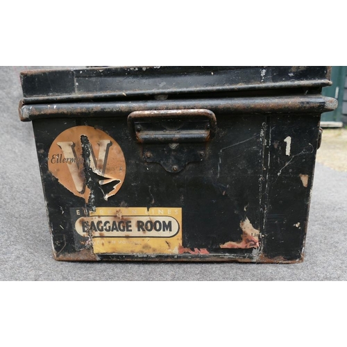 159 - Two large black painted tin trunks, one by Gieves, 37cm x 15.5cm x 107cm, the other 48cm x 31cm x 90... 