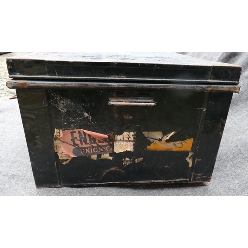 159 - Two large black painted tin trunks, one by Gieves, 37cm x 15.5cm x 107cm, the other 48cm x 31cm x 90... 