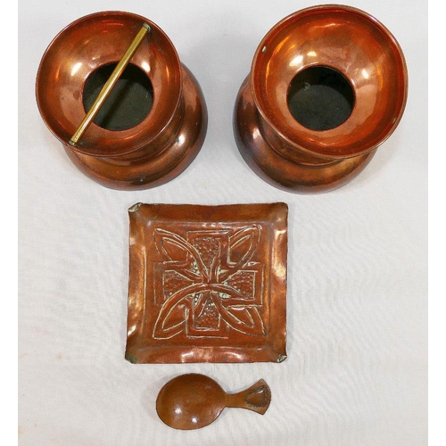 162 - A pair of Beldray copper vases, factory marks to the base, 15cm high, and four other copper items