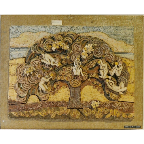 166 - Pamela Nash (b.1925), 'Apple Pickers', pottery plaque with relief moulded apple tree set with magnet... 