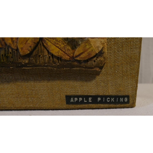 166 - Pamela Nash (b.1925), 'Apple Pickers', pottery plaque with relief moulded apple tree set with magnet... 