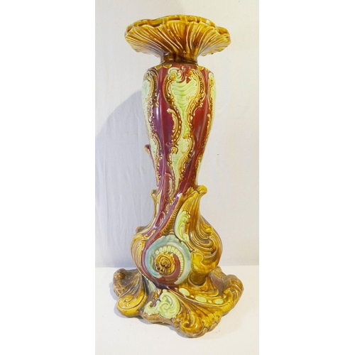 170 - A Victorian majolica jardinere stand, 60cm high, a cylindrical ceramic column with mottled green gla... 