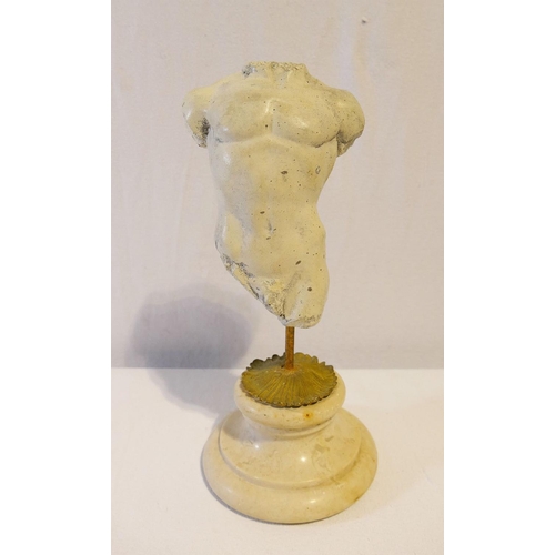 172 - A small white painted modern cast male torso, after the antique, on marble socle with gilt brass mou... 