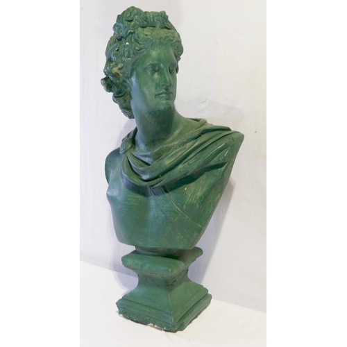 174 - A modern cast plaster bust of the Greek god Apollo, after the antique, with green painted/verdigris ... 