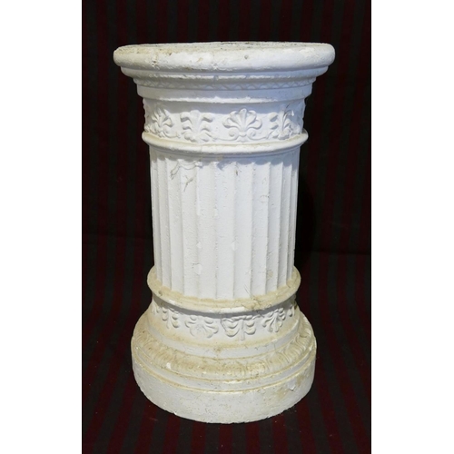 177 - A modern short circular plaster reeded column, with moulded decoration, 61cm high, a plaster mask of... 