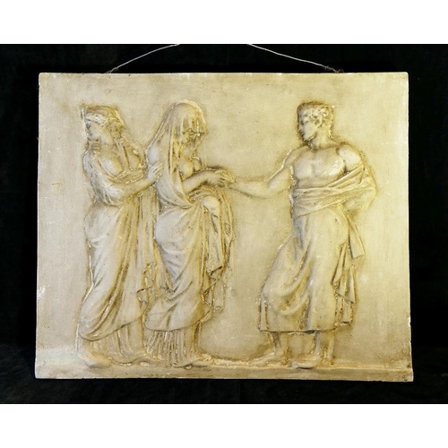 180 - A large rectangular plaster cast panel of a classical figural scene with egg and dart surround, 181c... 