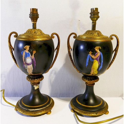 189 - A pair of 19th century porcelain ormolu mounted vases, later converted to table lamps, the black gro... 