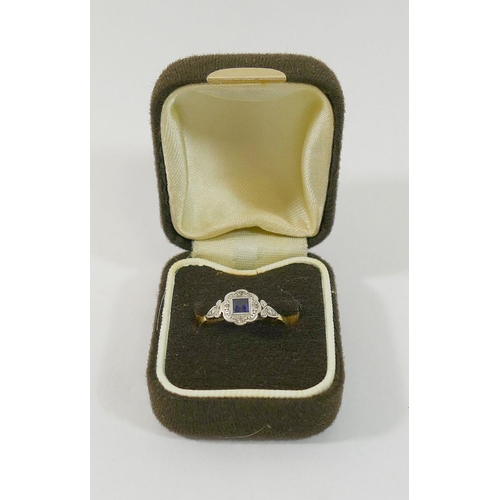 19 - An early 20th century sapphire and diamond ring, the white head of the ring set with square mixed cu... 