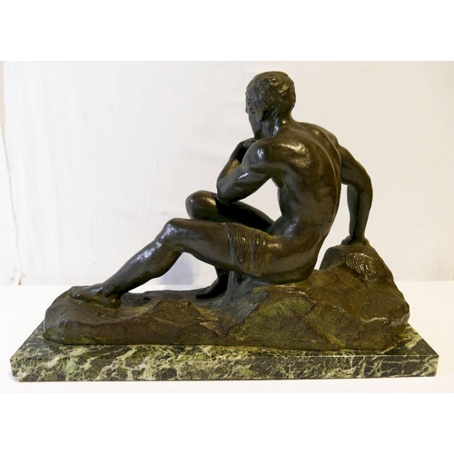 197 - Alexandre Ouline (act.1918-1940), bronze of a seated male nude with his chin resting on his hand in ... 