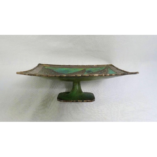 201 - An early 20th century bronze pedestal dish by Loys, Paris, the square top decorated with an angel fi... 