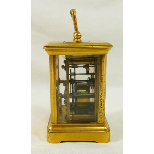 206 - A miniature French carriage clock, in five glass brass case, the back stamped 'E.G.L. PARIS', 9cm hi... 