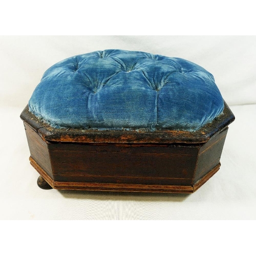 212 - A late Victorian crossbanded footstool/sewing box, the hinged blue velvet top opening to reveal a bl... 