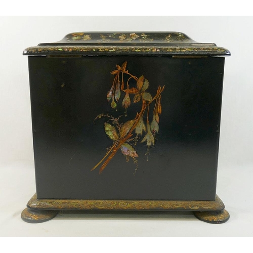 213 - A Victorian papier maché table top cabinet, inlaid with mother of pearl and decorated in gilt, the h... 