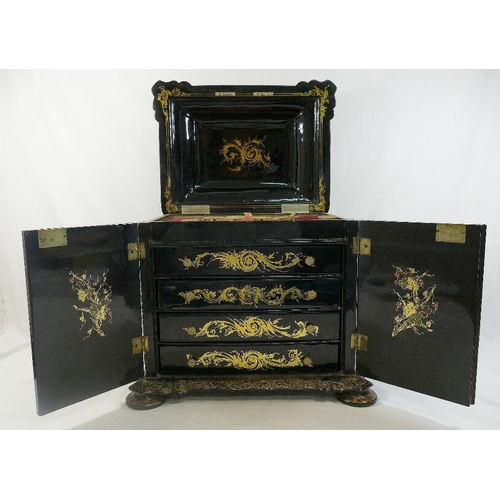 213 - A Victorian papier maché table top cabinet, inlaid with mother of pearl and decorated in gilt, the h... 