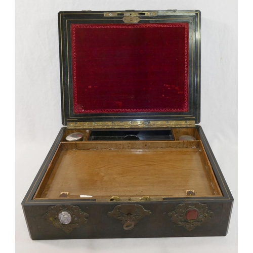 214 - A Victorian parquetry brass bound writing slope, with ornate brass bindings set with hardstone panel... 