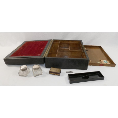 214 - A Victorian parquetry brass bound writing slope, with ornate brass bindings set with hardstone panel... 