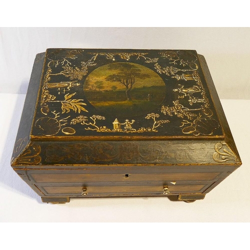 215 - A 19th century painted pine sarcophagus-shaped work box, with hinged lid and single drawer fitted wi... 