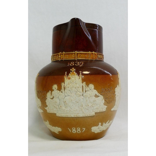 235 - A Doulton Lambeth stoneware jug with sprigged decoration commemorating the 1887 jubilee, 21cm high, ... 