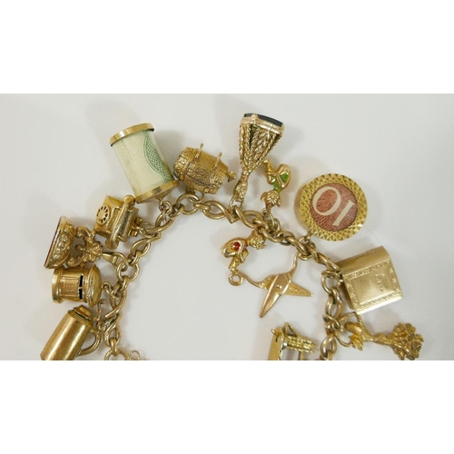 24A - A fancy link yellow metal chain hung with nineteen 9ct gold charms and three additional 9ct gold cha... 